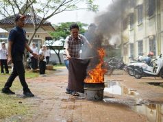 osialisasi dan simulasi penanggulangan bencana digelar di lingkungan rumah susun sederhana sewa (rusunawa).